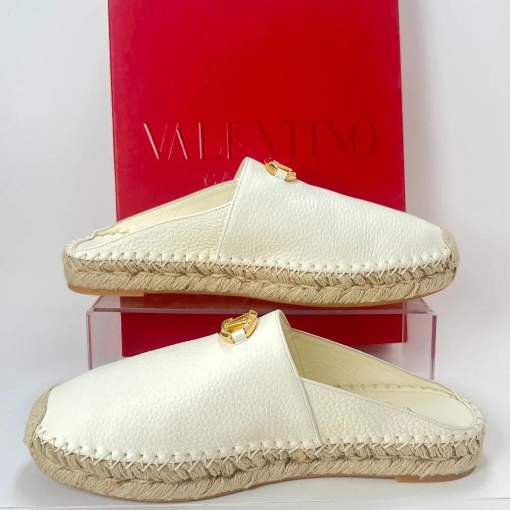 Valentino Garavani V Logo Leather Medallion Espadrille Mules Size 39